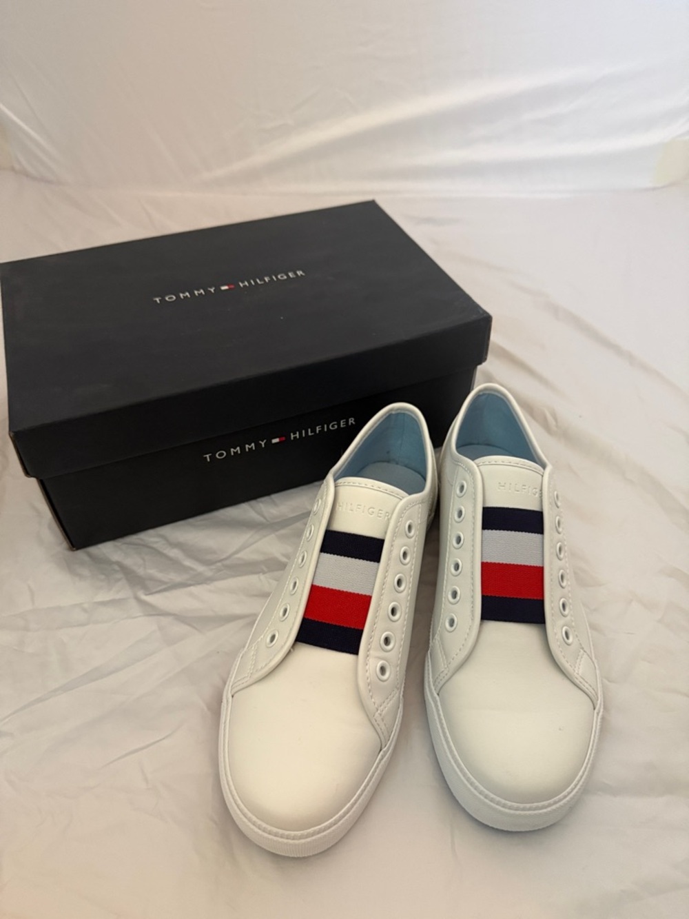 Tommy Hilfiger White Slip-On Sneakers with Red & Navy Stripe Detail